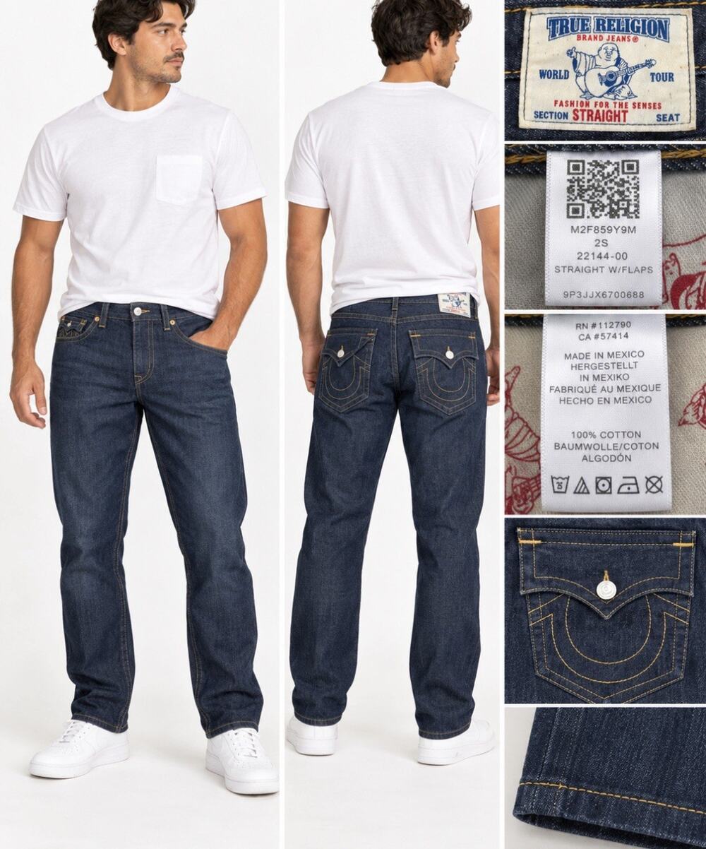 Y2K Indie True Religion Straight Flap Pocket Jeans 42 Dark Wash Indigo Horseshoe